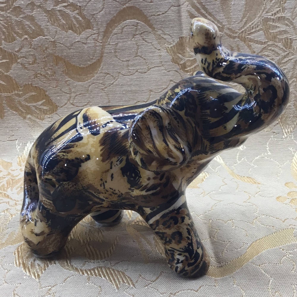 Vintage La Vie Safari Patchwork Ceramic Elephant / Trunk Up Figurine